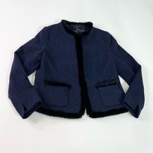 Talbots Wool Blend Blazer Women's 12 Navy Speckled Faux Fur Trim Lined Jacket